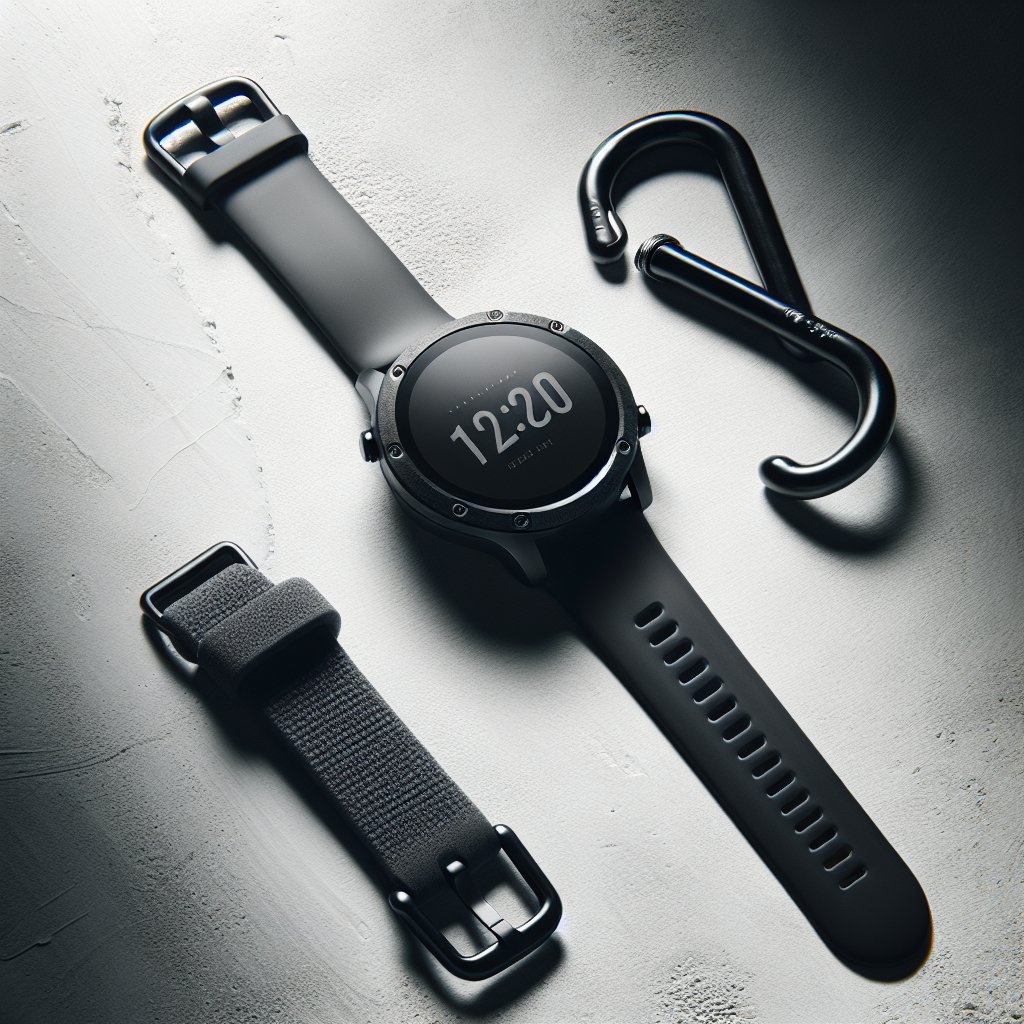 Black sport smartwatch with silicone band on concrete surface