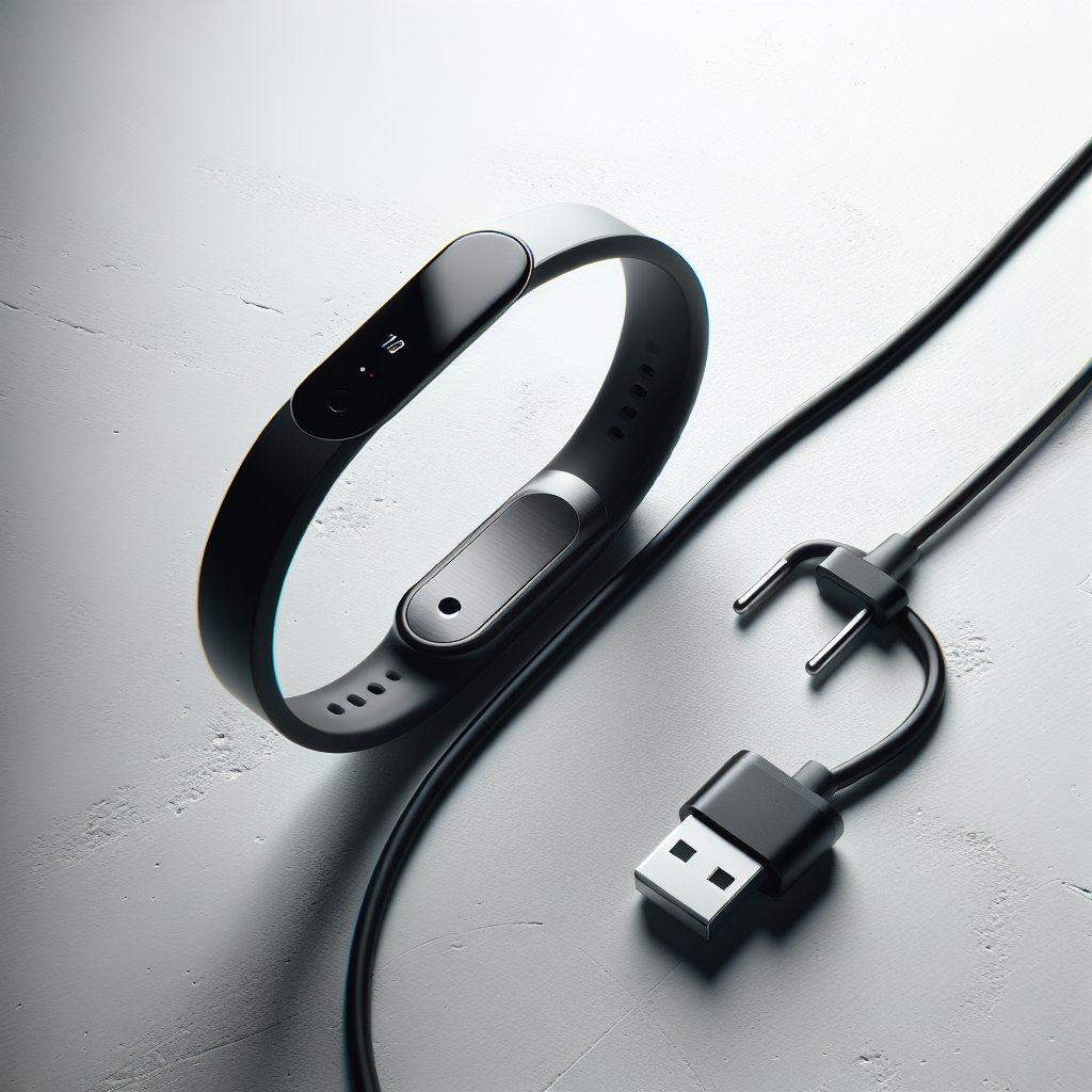 Slim fitness band and charging cable on white surface