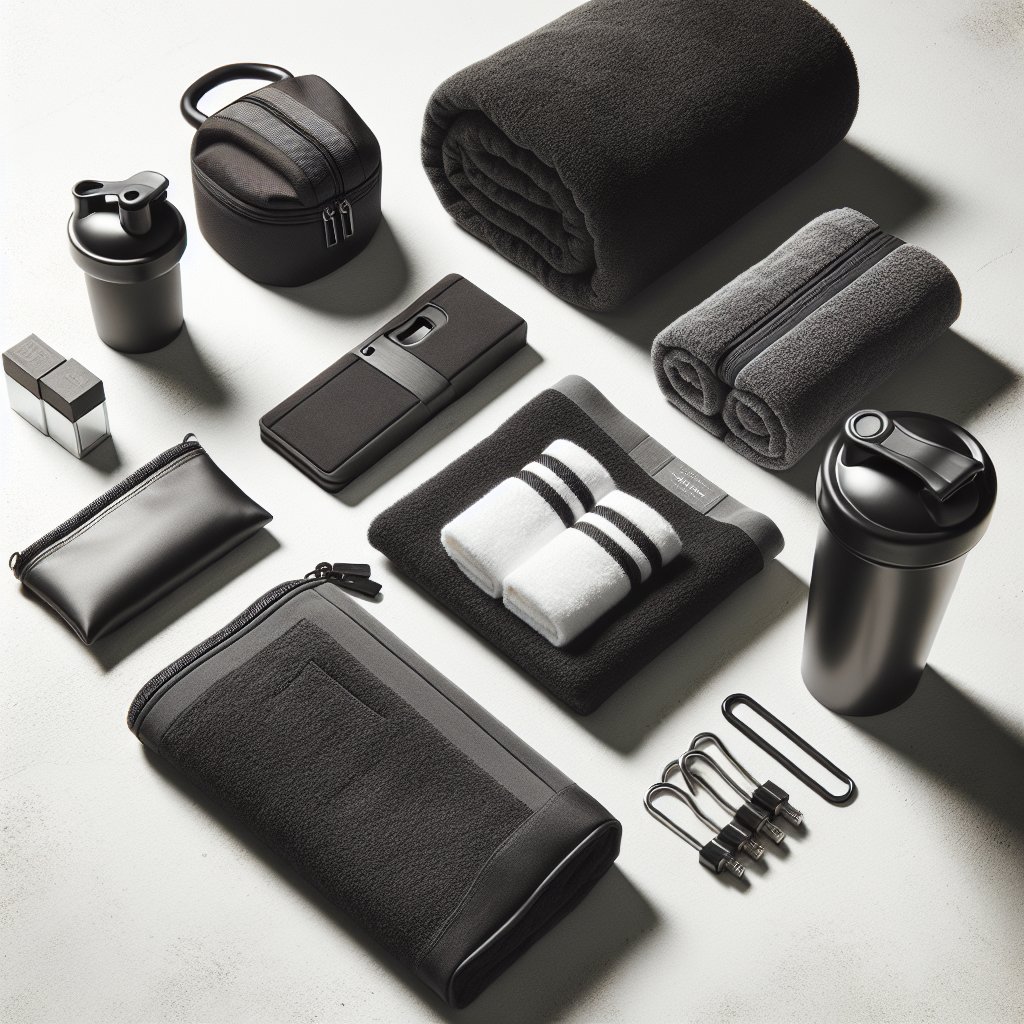 Gym bag essentials arranged in a grid on white surface