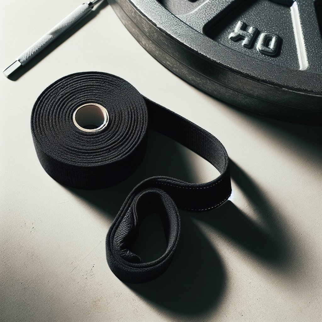 Black wrist wrap rolled up next to a steel weight plate
