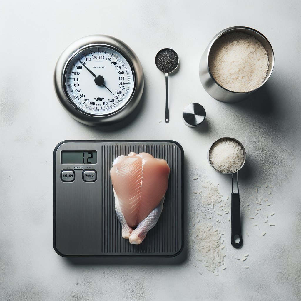 Kitchen scale weighing chicken breast next to rice