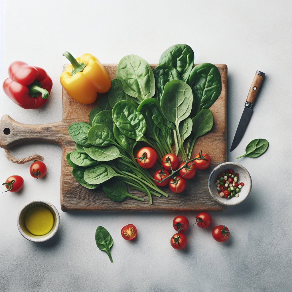 Fresh vegetables and olive oil on a cutting board