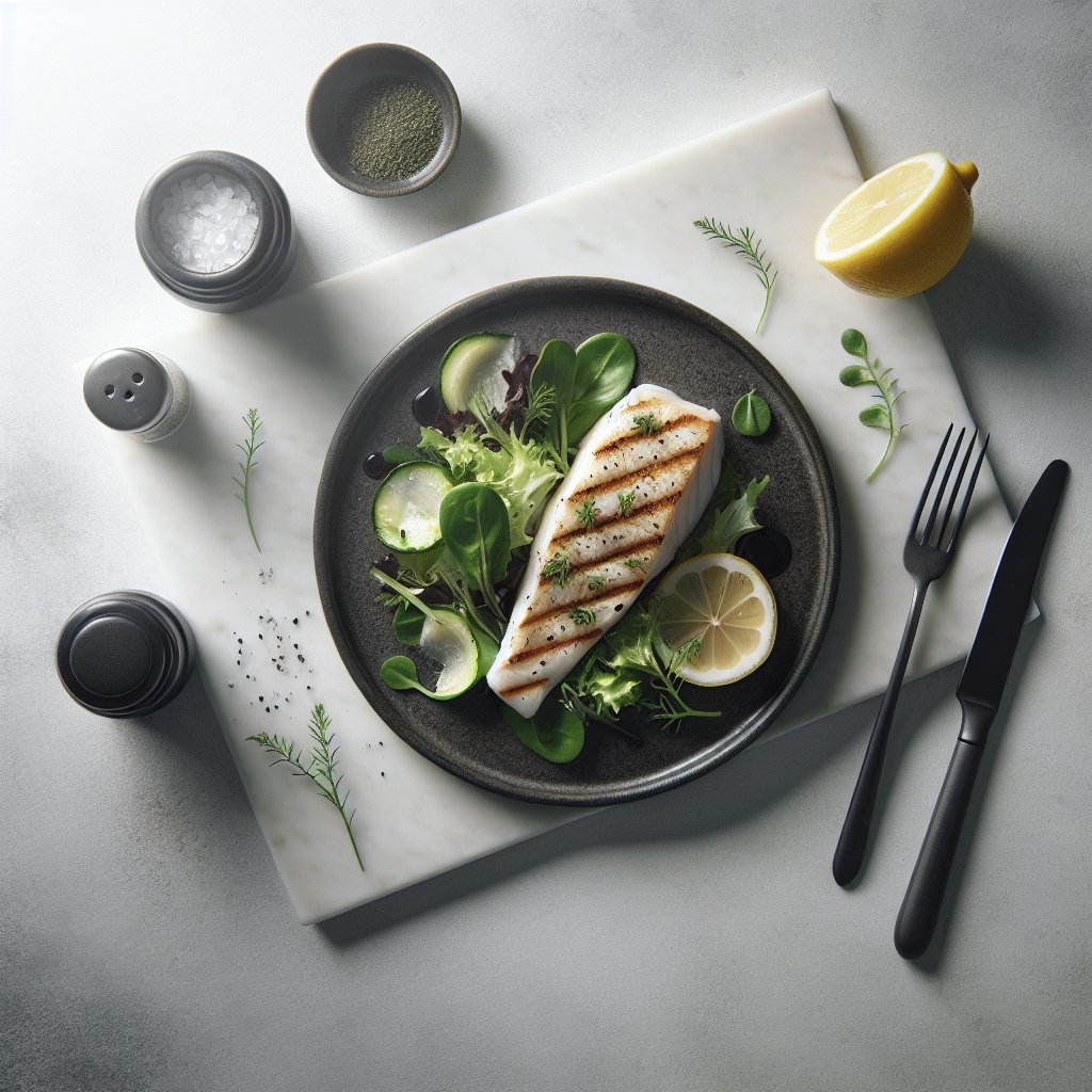 Grilled fish fillet on a bed of mixed greens