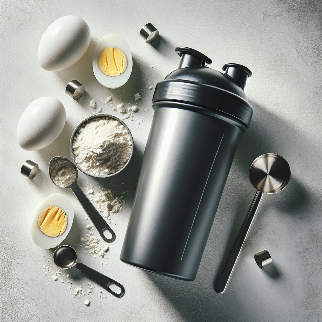 Protein shaker bottle with whey powder and boiled eggs