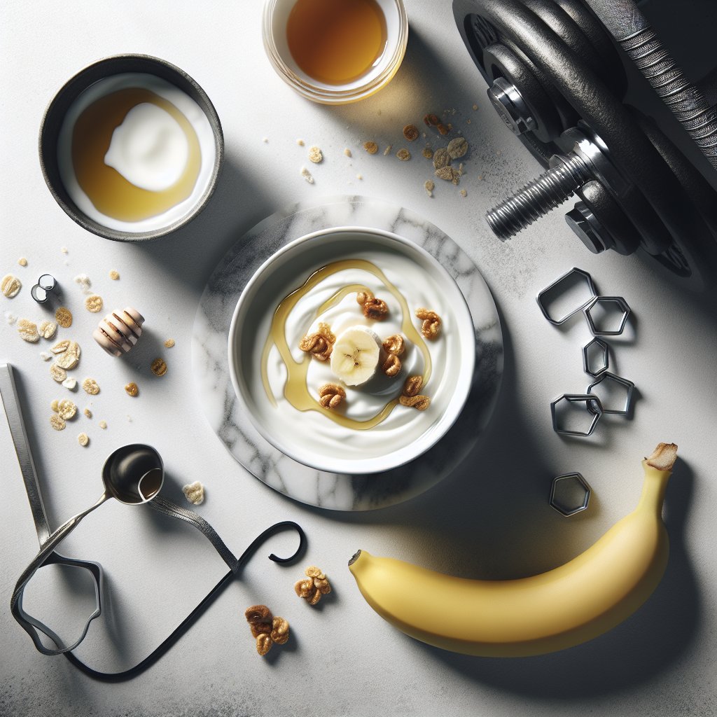 Bowl of Greek yogurt with honey and granola beside a banana