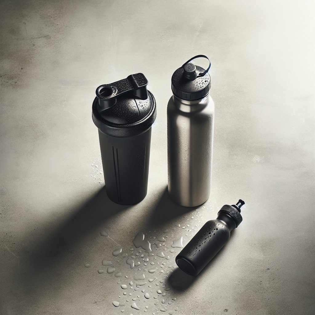 Protein shaker and water bottle on concrete surface