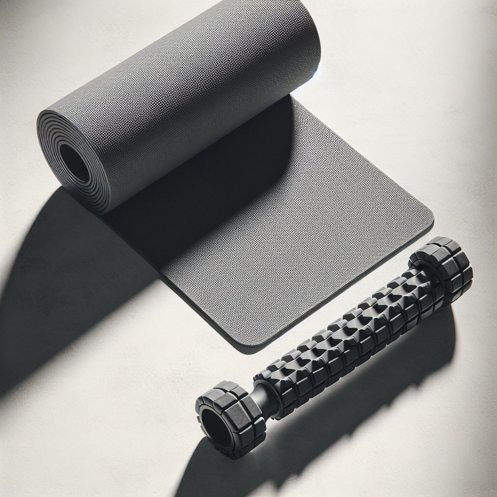 Rolled yoga mat and foam roller on concrete