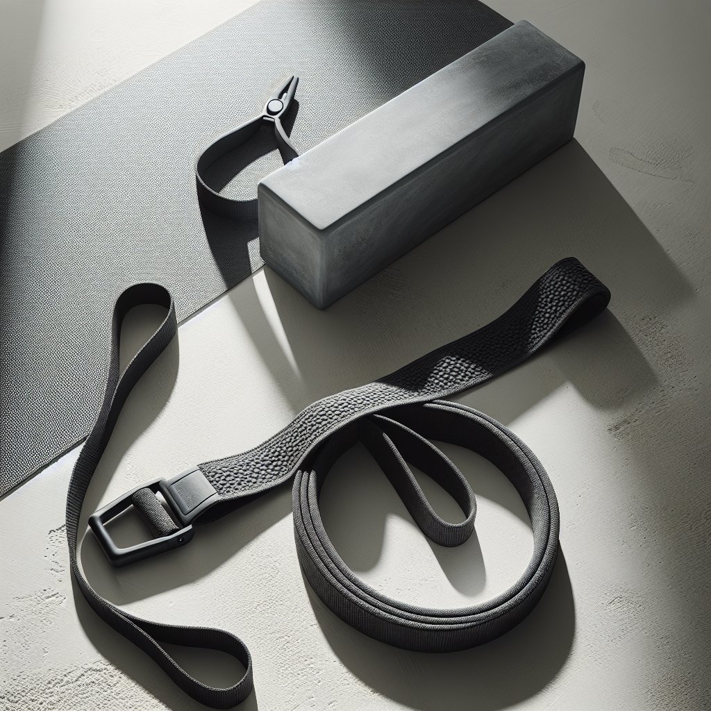 Yoga strap and yoga block on concrete surface