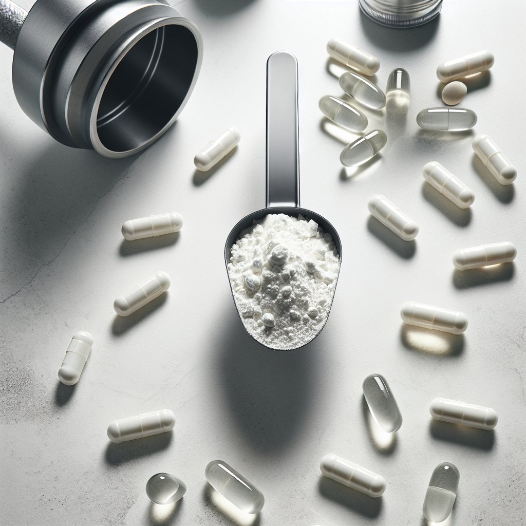 BCAA powder scoop and capsules on white surface