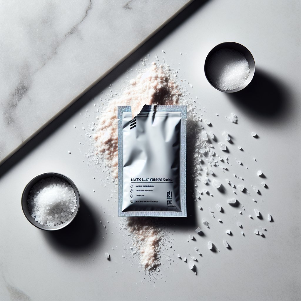 Electrolyte powder packet and salt on white surface
