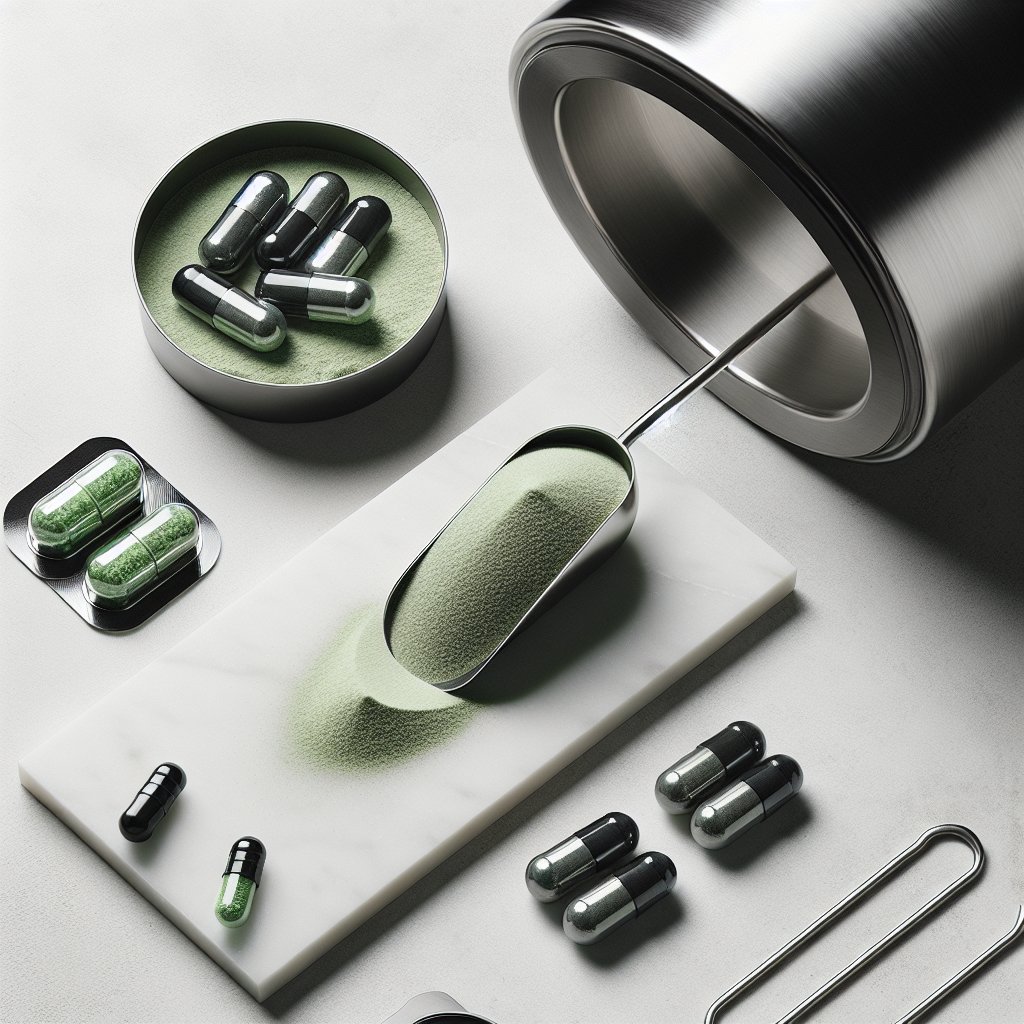 Pre-workout powder scoop and caffeine capsules