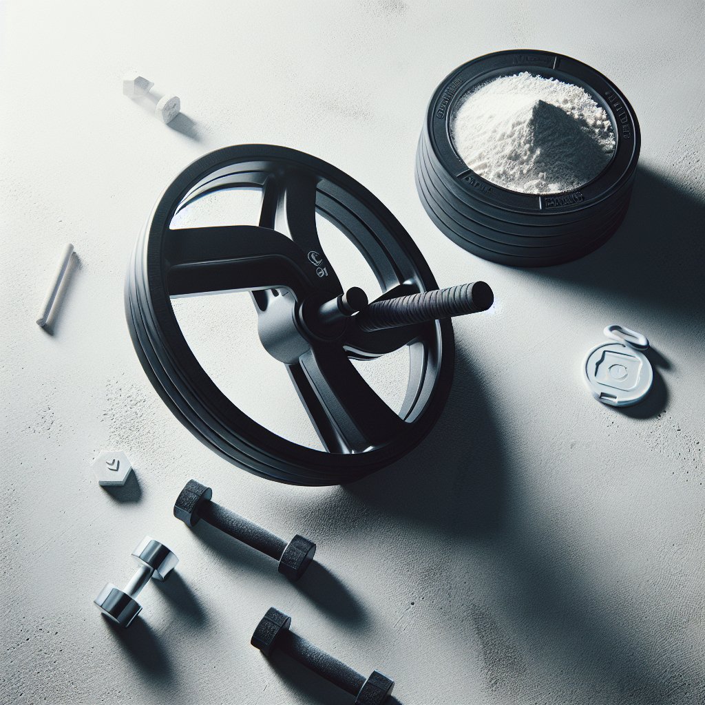 Ab wheel and gym chalk on concrete surface