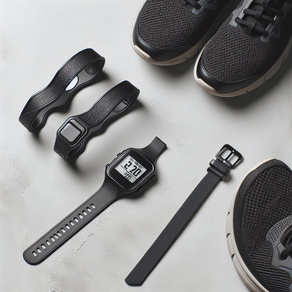 Walking shoes and pedometer on concrete surface