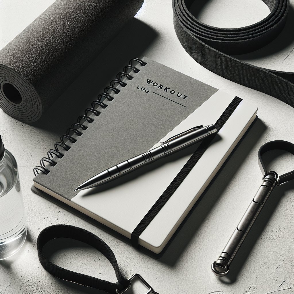 Workout log and resistance band on concrete surface