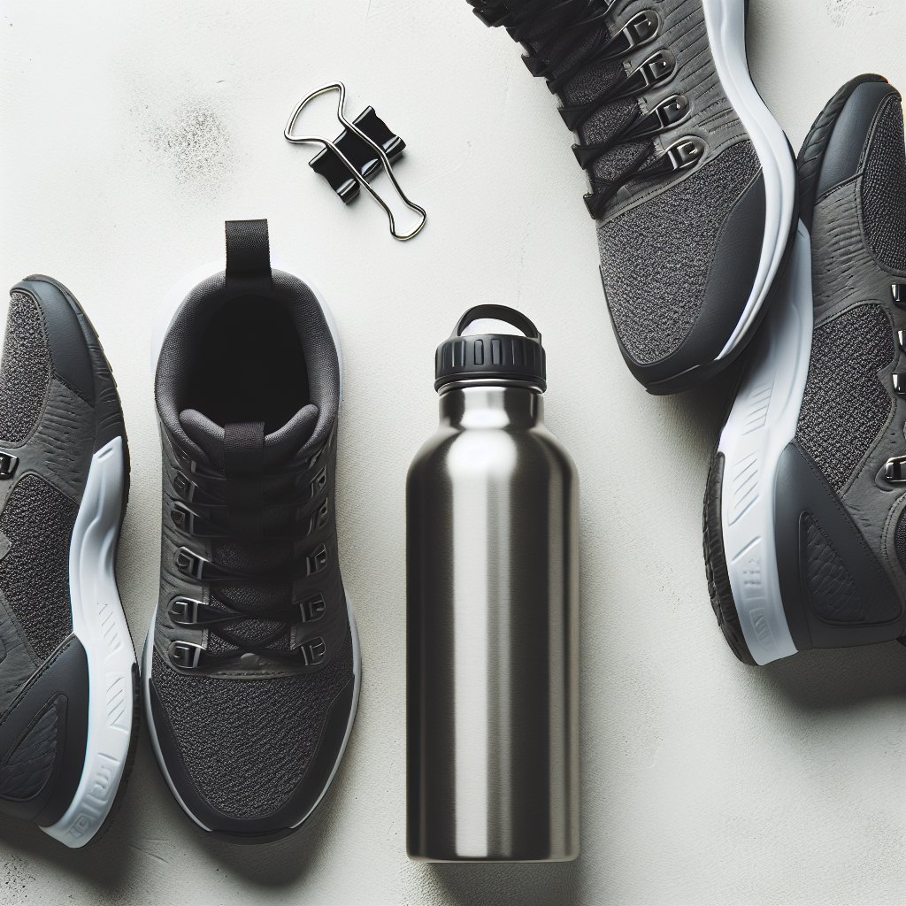 Hiking boots and water bottle on concrete surface